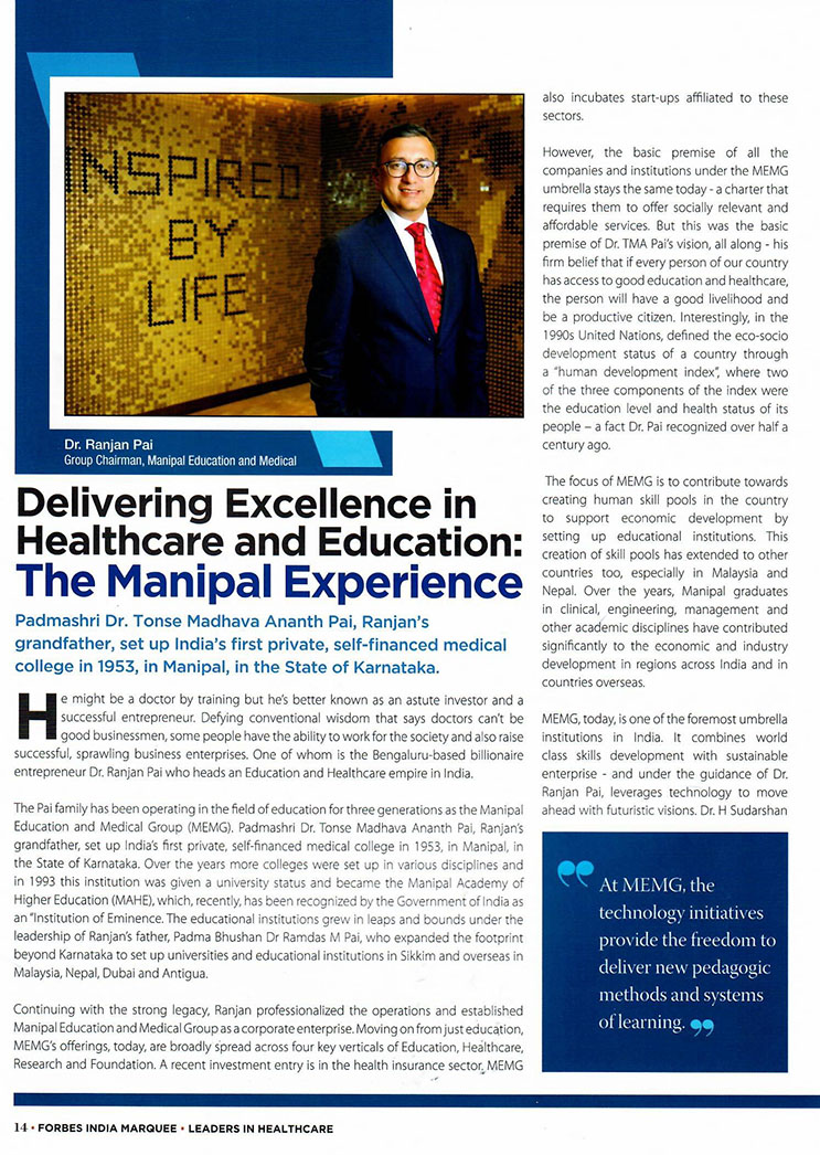  Article titled Delivering Excellence in Healthcare and Education: The Manipal Experience (page 1)