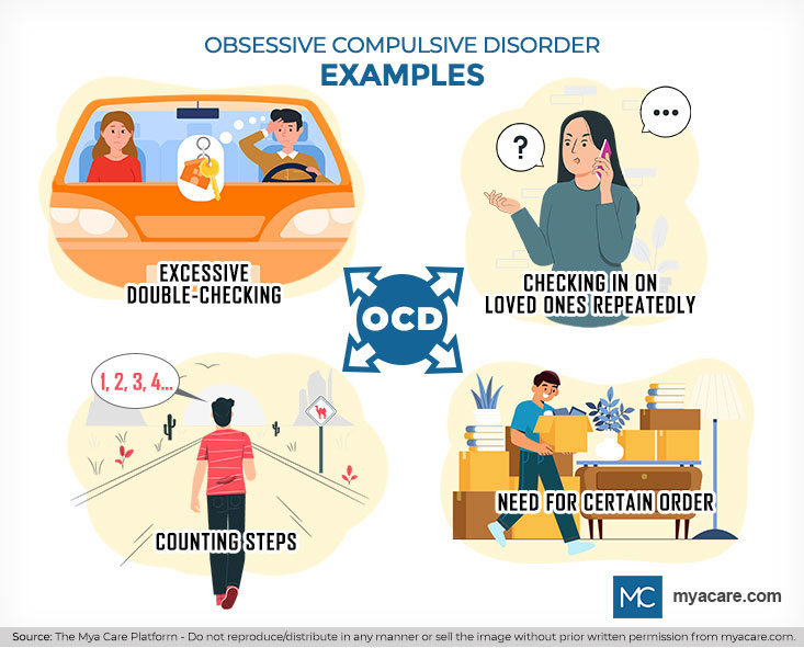 OCD examples - Excessive double-checking, Checking in on loved ones repeatedly, Need for certain order, Counting steps