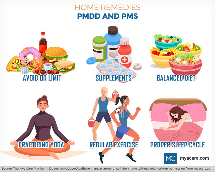Home Remedies PMDD & PMS:Supplements,Balanced Diet,Proper Sleep cycle,Exercise,Yoga,Avoid/limit sugar and processed food 