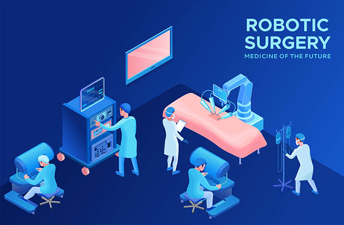 Surgeons at consoles control mechanical,surgical arms of Da Vinci robotic system in surgery,surgical camera,nurses working