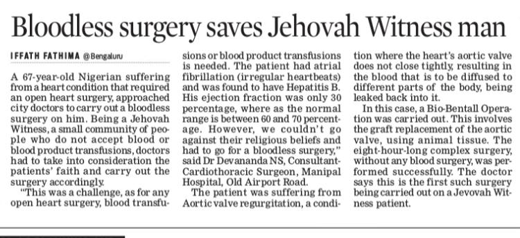 Newspaper article titled: Bloodless surgery saves Jehovah Witness man