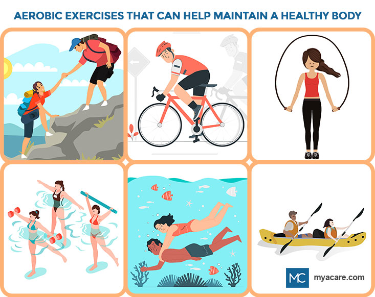 Aerobic Exercises that can help maintain a healthy body - Hiking, Cycling, Jump Rope, Kayaking, Swimming, Water Aerobics